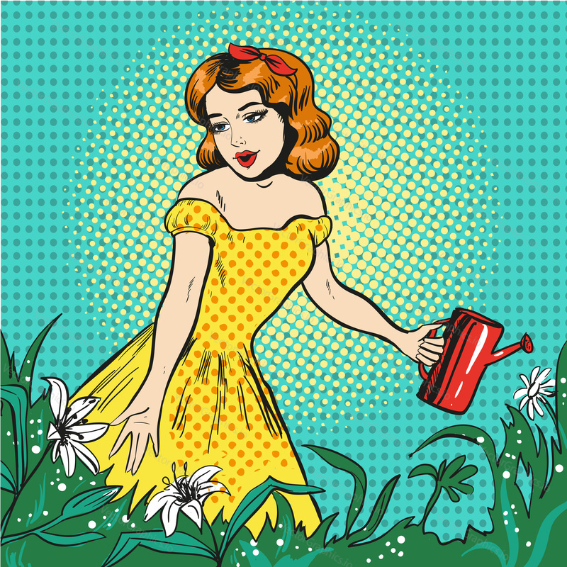 Vector pop art illustration of beautiful girl watering flowers with watering can in the garden.