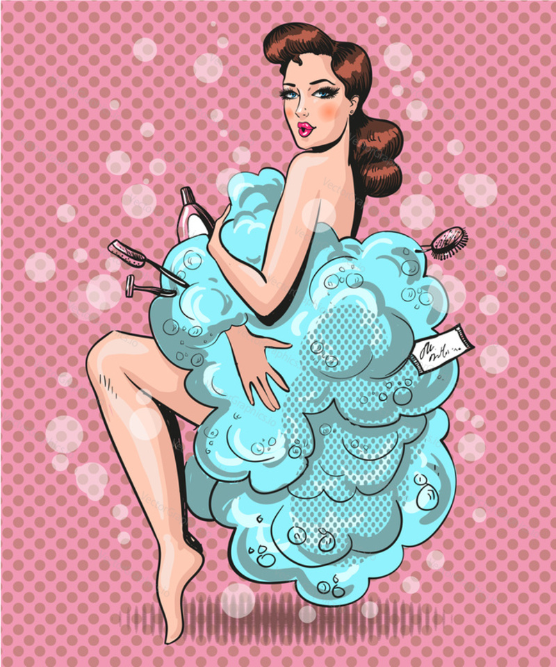 Vector illustration of young woman in bath foam, suds, soap bubbles, accessories for hair. Body care and beauty concept in retro pop art comic style.