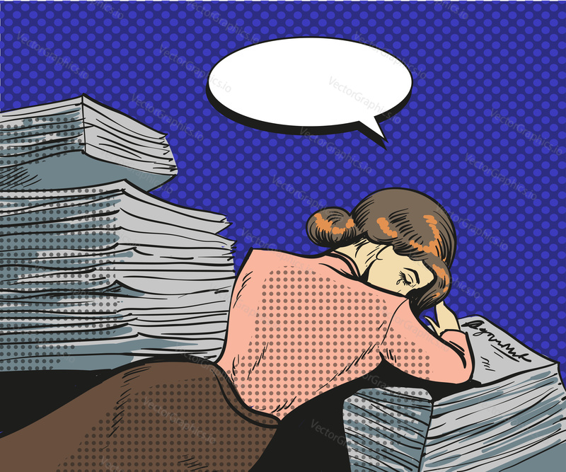 Vector vintage pop art illustration of tired businesswoman. Young woman falling asleep on the heap of papers in retro pop art comic style.