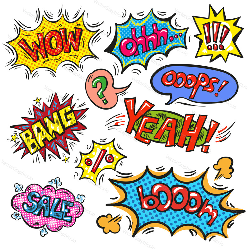 Vector vintage pop art comic speech and explosion bubble set with the most used words and abbreviations Ohh, Yeah, Sale, Bang, Booom, Wow, Ooops, percentage and other signs.