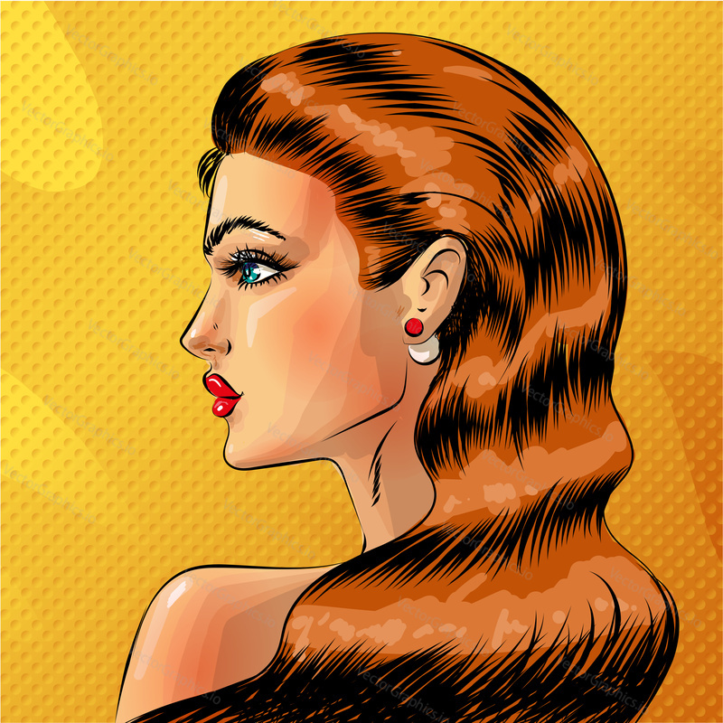 Vector pop art beautiful woman side view portrait. Redheaded sexy pin-up girl in comic book style.