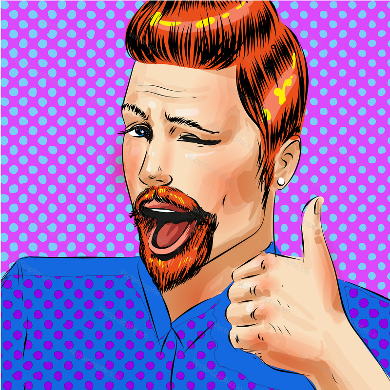 Happy young handsome man winking while showing thumb up hand gesture. Vector illustration in retro pop art comic style.