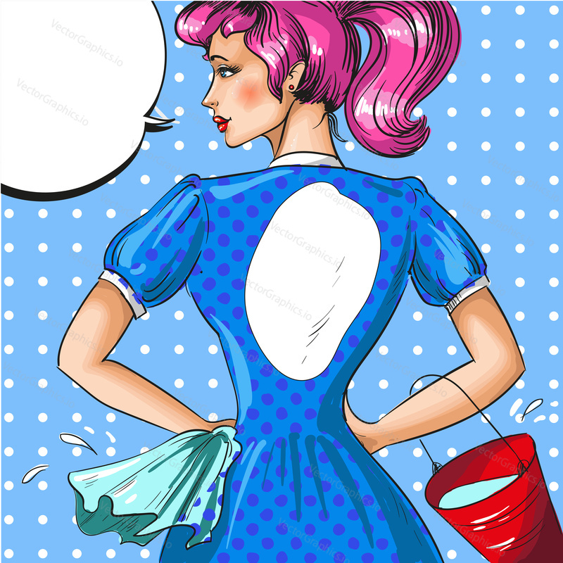 Vector illustration of cleaning woman with rag and bucket. Beautiful cleaner lady standing back and speech bubble in retro pop art comic style.