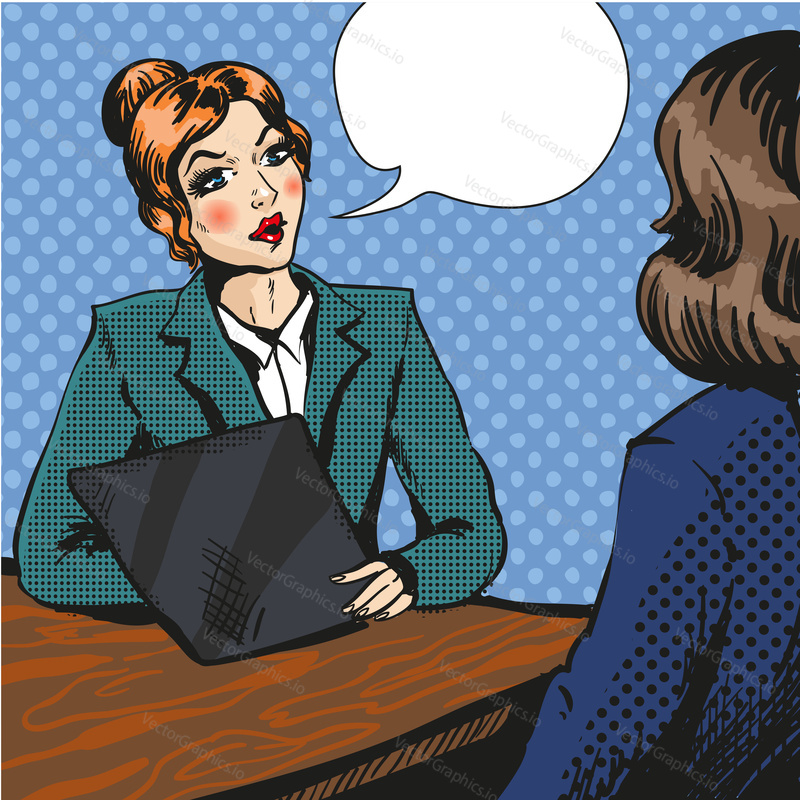 Vector illustration of manager, businesswoman interviewing woman job candidate. Job interview concept in retro pop art comic style.