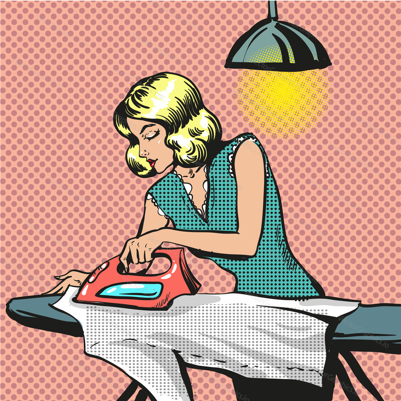 Vector illustration of young woman ironing clothes. Housewife in retro pop art comic style.