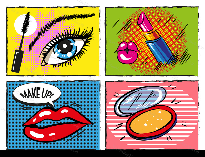 Vector female makeup and cosmetic 2x2 design elements. Lipstick, mascara, blush make-up products in pop art retro comic style.