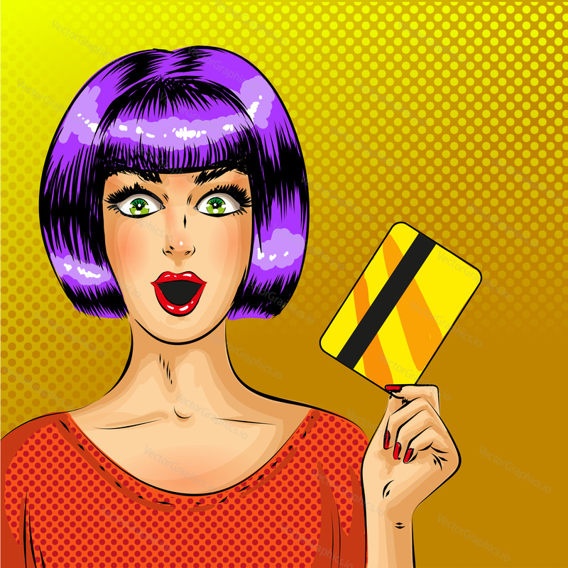 Vector pop art surprised woman with credit card. Comic book vintage illustration.