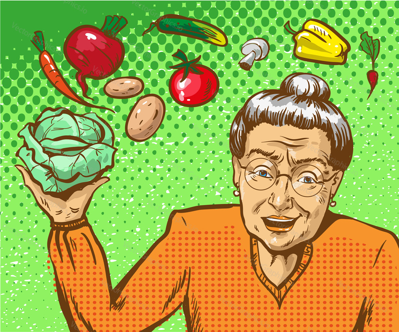 Vector illustration of elderly woman holding a head of cabbage in her hand. Grandmother and vegetables for cooking in retro pop art comic style.
