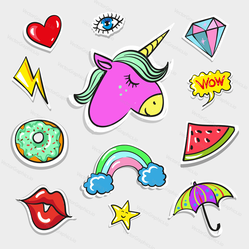 Vector vintage pop art quirky badges and patches set. Cute heart, eye, lips, unicorn, slice of watermelon, diamond, arrow, donut, rainbow, umbrella, star wow speech bubble fashion decorative symbols.