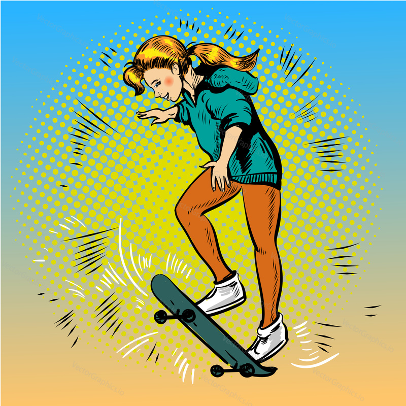 Vector illustration of young girl skateboarder riding skateboard. Skateboarding concept design element in retro pop art comic style.