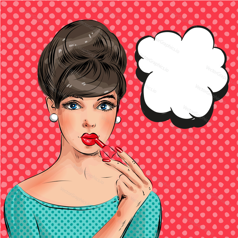 Vector illustration of beautiful woman painting her lips with red lipstick, thought bubble. Pretty pin-up girl in retro pop art comic style.