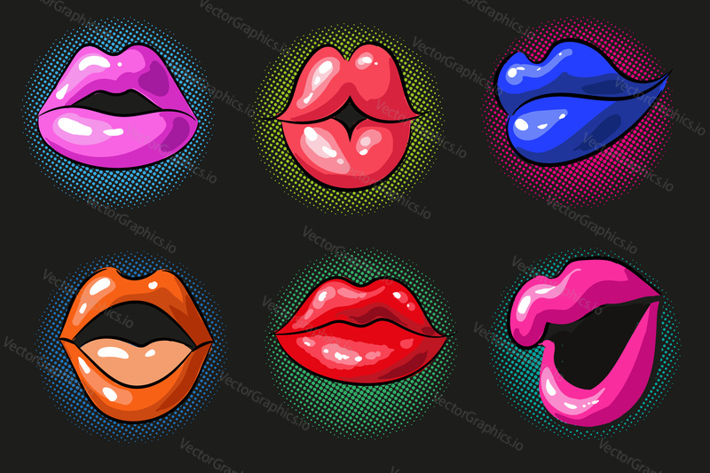 Vector pop art sexy color female lips. Fashion patches retro comic style illustration.