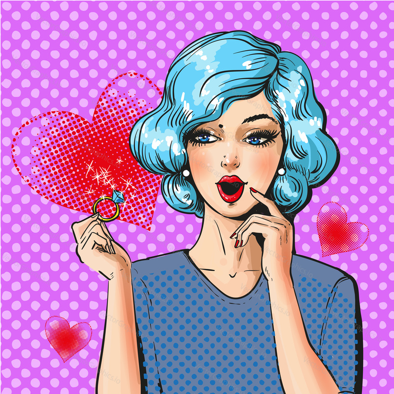 Vector illustration of beautiful surprised woman holding diamond ring. Happy pin-up girl in retro pop art comic style.