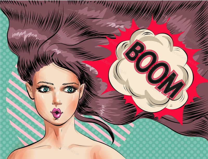 Vector illustration of beautiful woman with long waving hair and boom speech bubble. Sexy pin-up girl in retro pop art comic style.