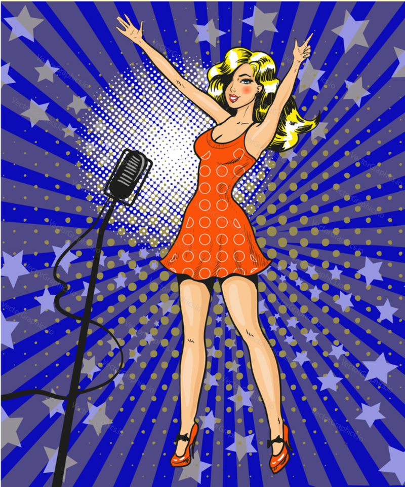 Vector illustration of beautiful girl singer being on the stage in retro pop art comic style.