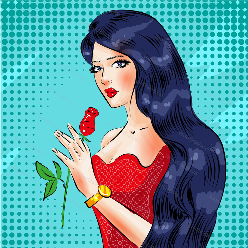 Vector illustration of beautiful young woman with red rose. Sexy pin-up girl in retro pop art comic style.