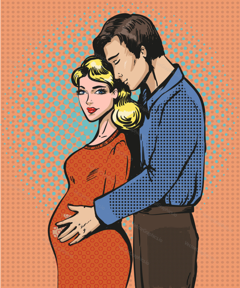 Vector illustration of pregnant woman and her husband. Loving happy couple in retro pop art comic style
