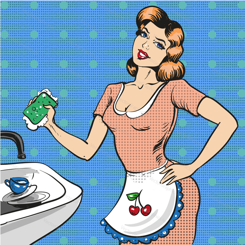 Векторная иллюстрация молодой улыбающейся женщины в фартуке с мочалкой для мытья посуды. Домохозяйка в стиле комиксов ретро-поп-арта.