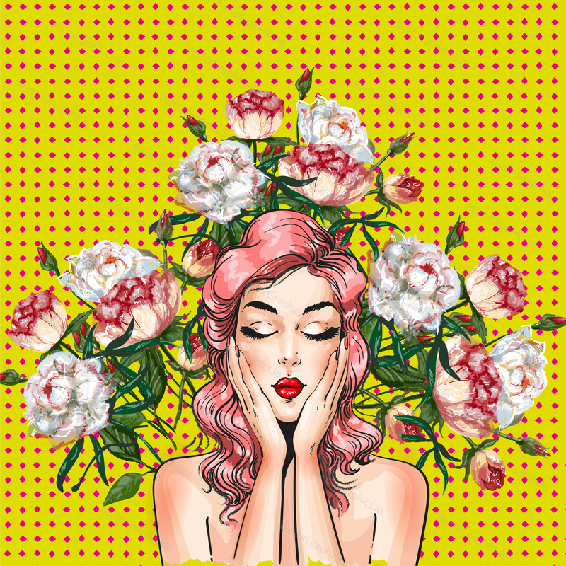 Vector illustration of beautiful young woman and peony flowers around her. Sexy pin-up girl in retro pop art comic style.