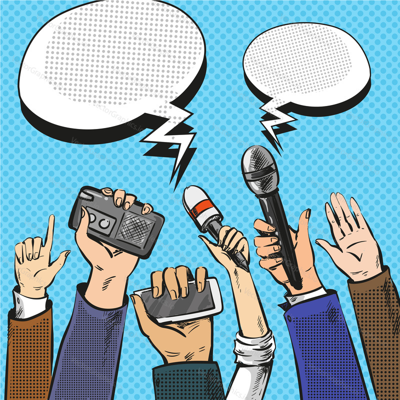 Vector illustration of microphones, smart phone and voice recorder in hands of reporters. Press conference or interview, speech bubbles in retro pop art comic style.