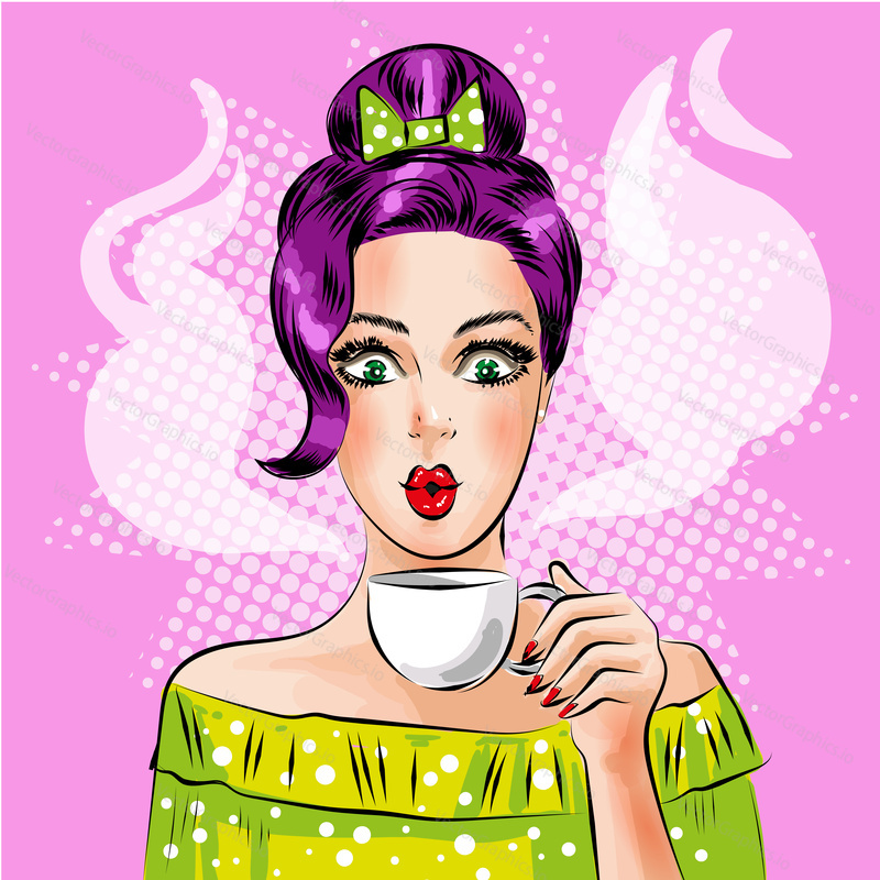 Vector illustration of beautiful girl with cup of hot coffee. Sexy pin-up girl in retro pop art comic style.