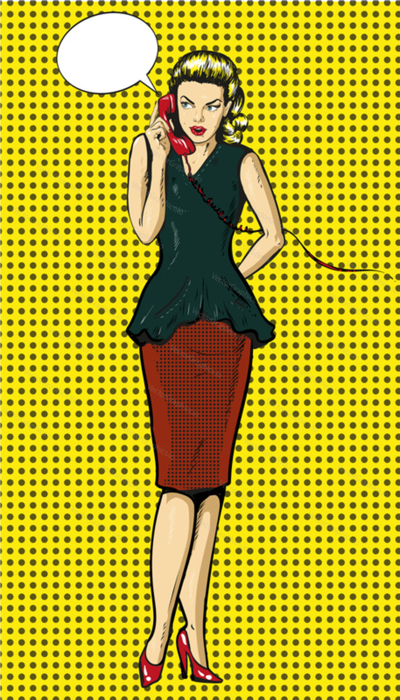 Vector illustration of woman talking on the phone in retro pop art comic style.
