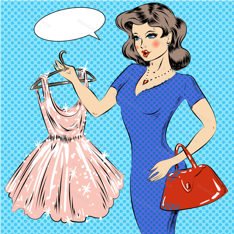 Vector illustration of pretty girl holding hanger with cocktail dress, speech bubble. Shopping concept design element in retro pop art comic style.