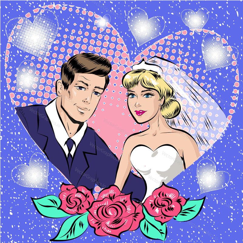 Vector illustration of bride and groom, happy wedding couple. Greeting card, wedding invitation card in retro pop art comic style.