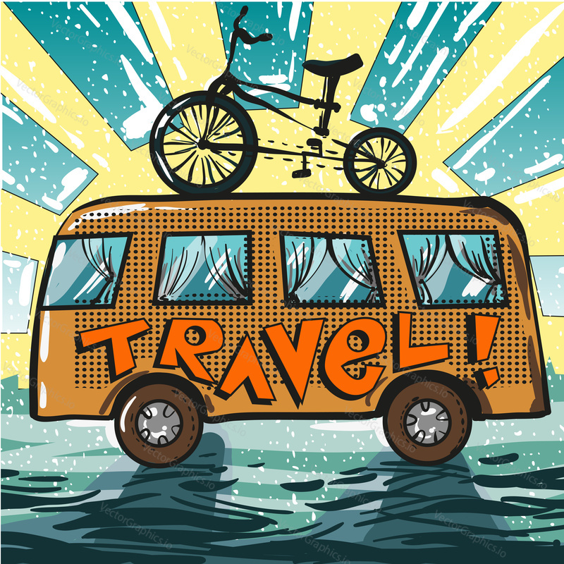 Vector vintage travel poster. Illustration of travel bus and bike standing on it in retro pop art comic style.