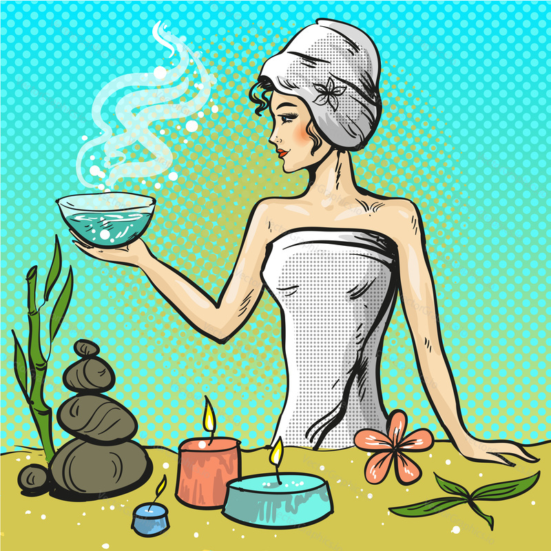 Векторная иллюстрация молодой женщины, наслаждающейся процедурами ароматерапии. Концепция обслуживания спа-салона в стиле комиксов ретро-поп-арта.
