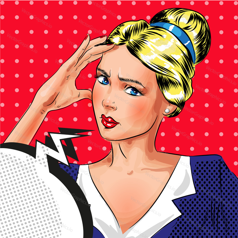 Vector illustration of beautiful girl thinking about something, thought bubble. Sad woman portrait in retro pop art comic style.