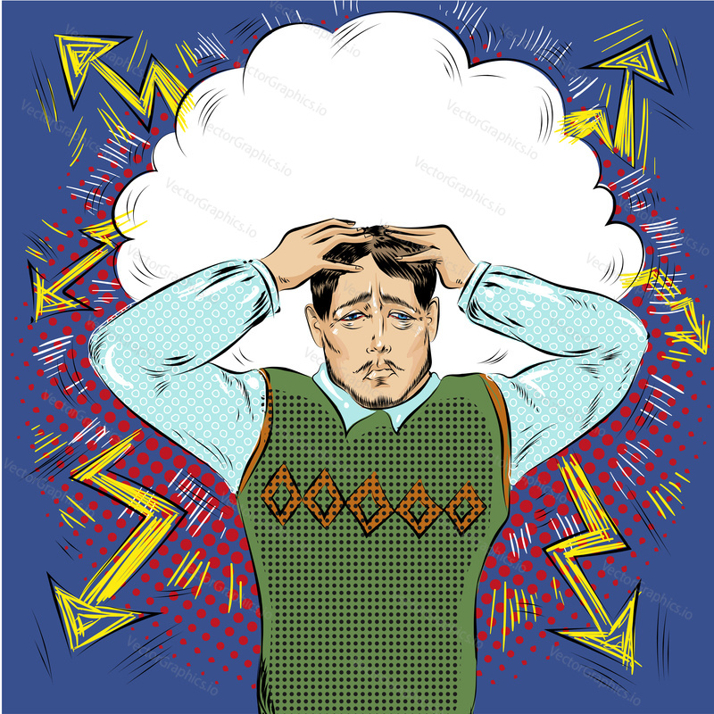 Vector illustration of stressed man. Businessman in panic, head in hands in retro pop art comic style.