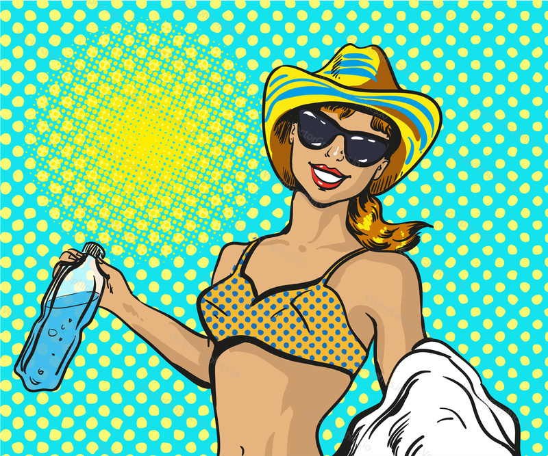Vector illustration of young smiling woman in swimsuit, hat and sunglasses with bottle of sparkling water. Beautiful girl on the beach in retro pop art comic style.