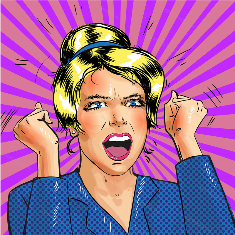 Vector illustration of excited young woman with hands up and clenched fists. Retro pop art comic style illustration.