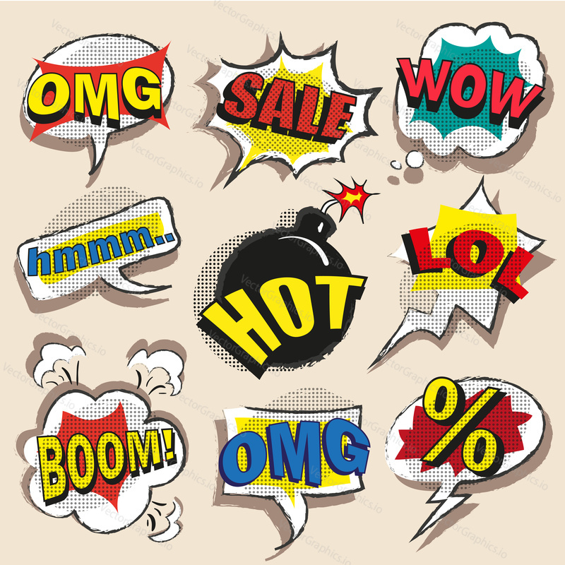Vector vintage pop art comic speech and explosion bubble set with the most used words and abbreviations OMG, Hot, Sale, LOL, Boom, Wow, percentage sign.