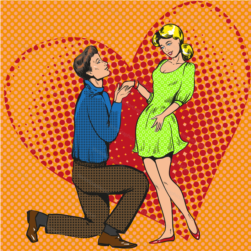 Vector illustration of young man kneeling to his girlfriend and making a proposal of marriage. Marriage proposal, heart background in retro pop art comic style.