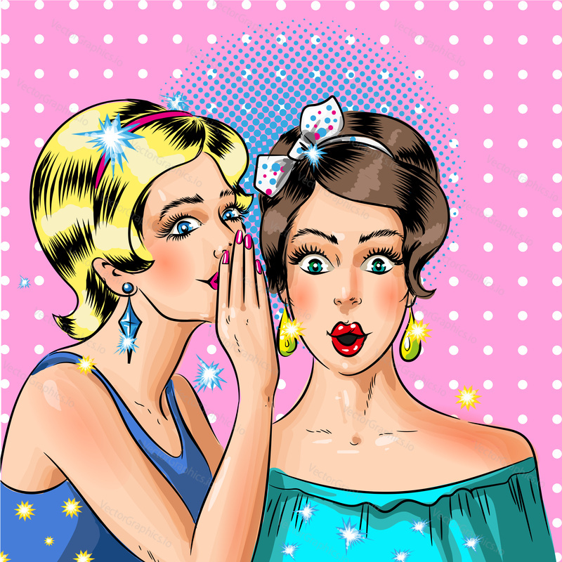 Woman whispering secret to her friend vector illustration in pop art retro comic style. Women gossip concept.