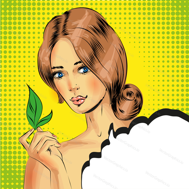 Vector illustration of beautiful woman holding green tea leaf, speech bubble. Skin care product ad concept in retro pop art comic style.