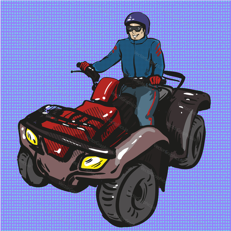 Vector illustration of young man riding quad bike. Biker and all terrain vehicle quad motorbike in retro pop art comic style.