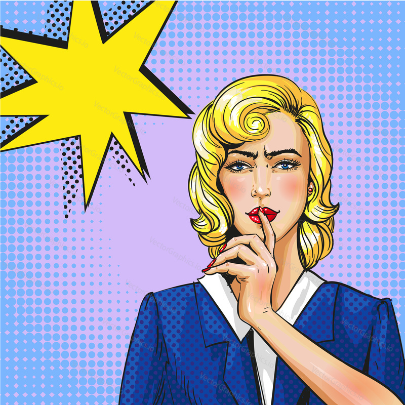 Vector illustration of beautiful woman holding forefinger on her lips. Lady showing silence gesture in retro pop art comic style.