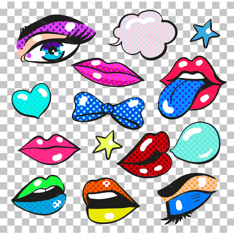 Vector pop art fashion patches set with hearts, stars, bow, female lips, mouth and eyes, speech bubble. Vintage comic pins, badges and stickers isolated on transparent background.