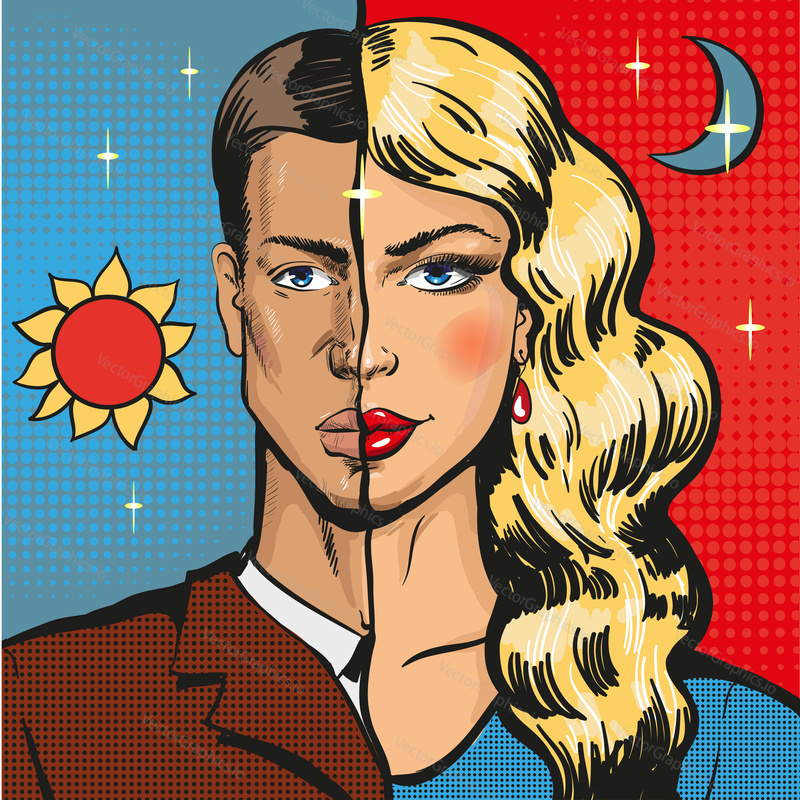 Vector pop art illustration of male wearing woman clothing at night. Travesty actor or transvestite in retro pop art comic style.