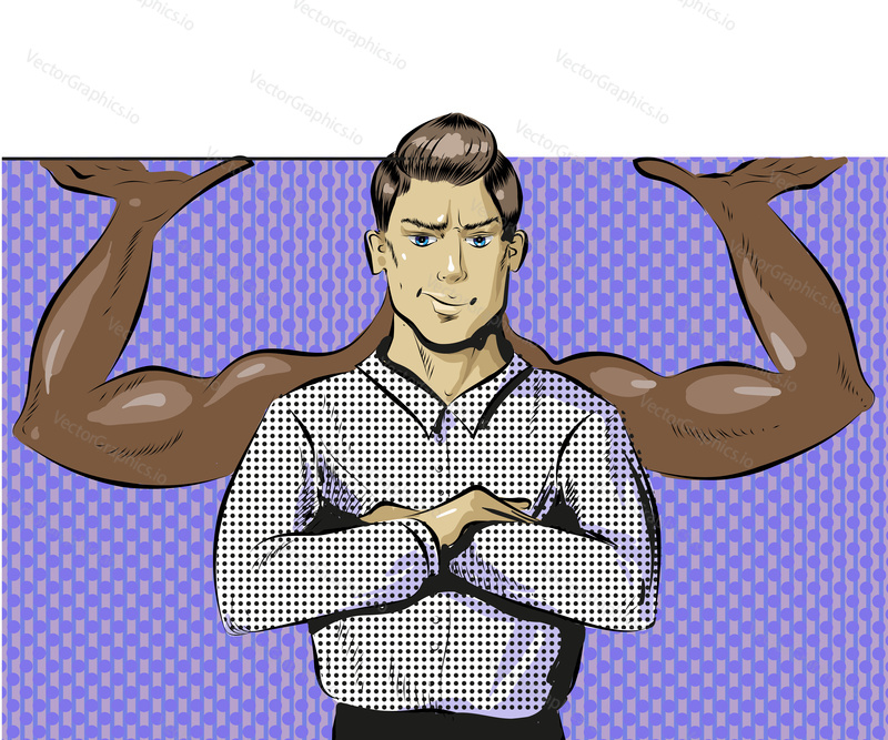 Vector illustration of businessman with power gesture or man dreaming about strong muscular body. Retro pop art comic style.