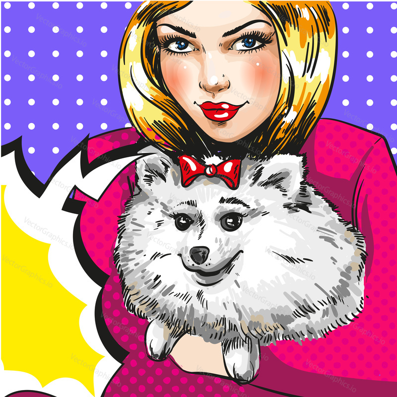 Vector pop art beautiful girl with her pet dog pomeranian spitz, speech bubble. Vintage comic book style illustration.
