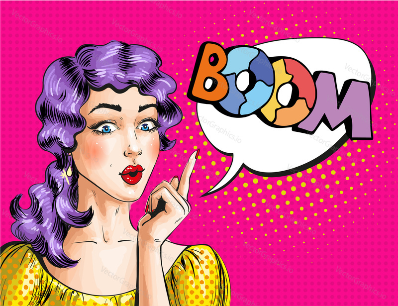 Vector illustration of beautiful woman and BOOM speech bubble. Wonder girl gesturing in retro pop art comic style.