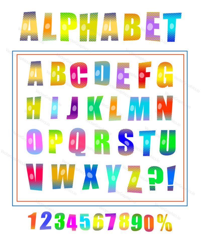 Vector pop art font set. Alphabet letters and numbers in retro comic book style. Cartoon typography collection.