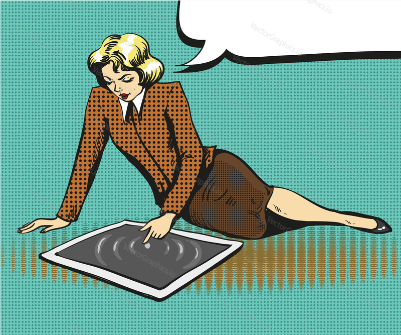 Vector illustration of businesswoman making use of tablet, speech bubble in retro pop art comic style.