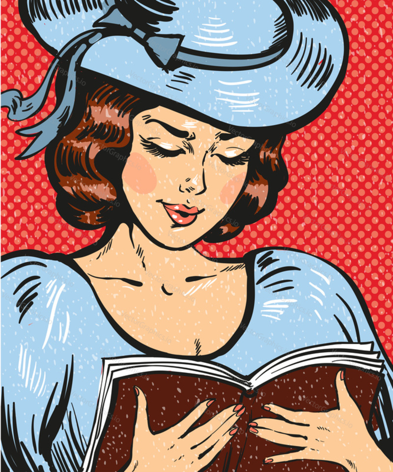 Vector illustration of young woman reading book. Vintage pretty girl in blue summer hat and dress in retro pop art comic style.