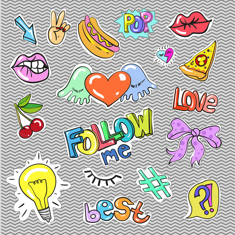 Vector set of vintage pop art comic badges, patches, stickers and speech bubbles, fashion phrases and expressions Love, Best, Follow me, Pop.