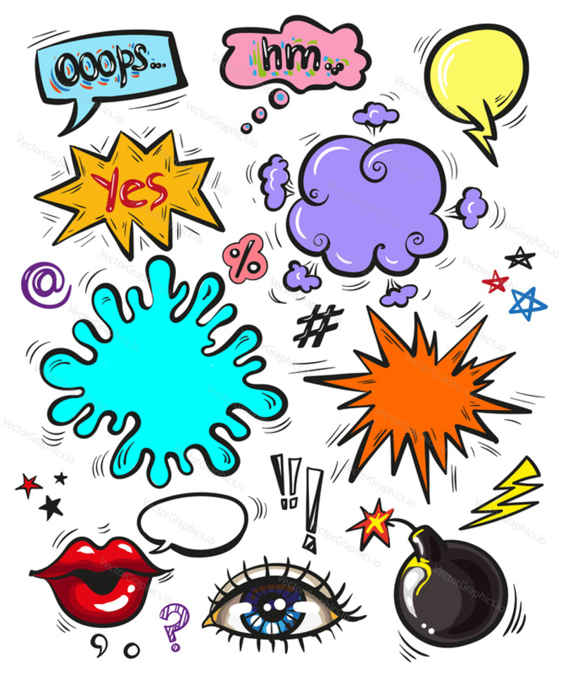 Vector set of vintage pop art comic badges, patches, stickers and speech bubbles with fashion phrases and expressions Yes, Ooops, Hm.